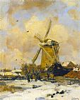 Winter Canvas Paintings - A Windmill in a Winter Landscape